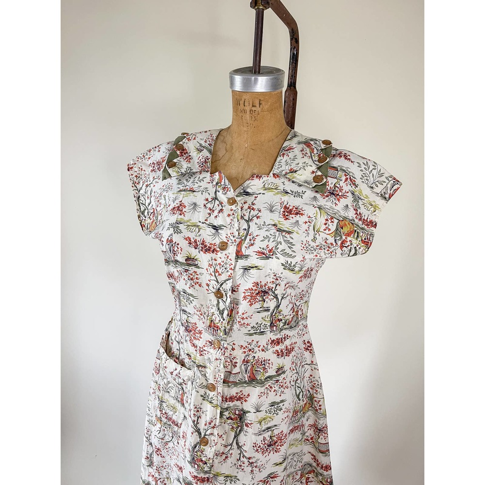 40s Vintage Ladies Strolling Homemade Novelty Print Dress Size 28w - Picture 7 of 11
